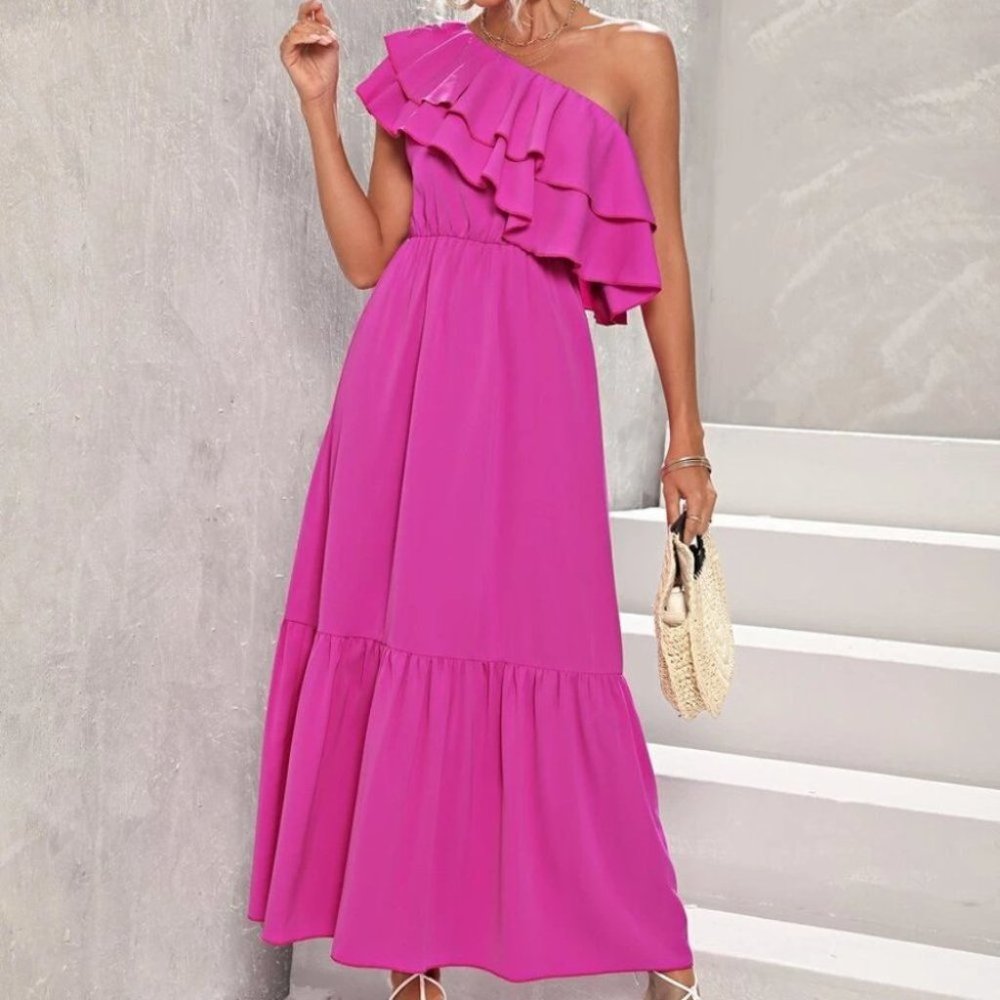 Stunning Pink Ruffled Detailed One Shoulder Maxi Dress - Picture 5 of 5